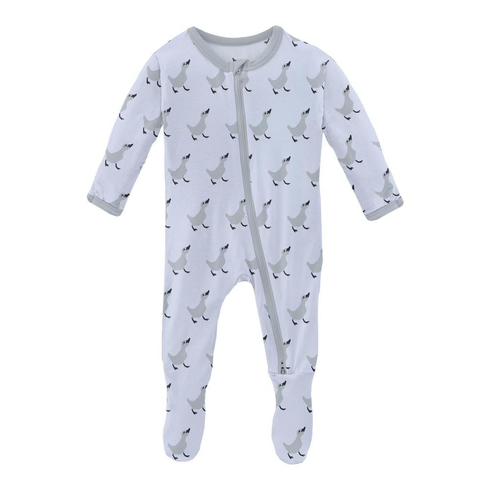 NEW KICKEE kids' print footie with 2 way zipper in dew ugly duckling